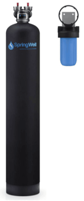 Best water filters detailed view featuring SpringWell whole house system with main cylindrical tank and pre-filter.