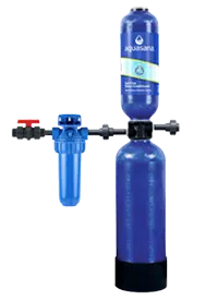 Best water softeners Aquasana salt-free conditioner with dual cylinder filtration system and blue housing unit.