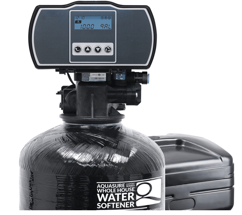 Best water softeners Aquasure Harmony Series showcasing sleek black design with digital controls and brine tank.