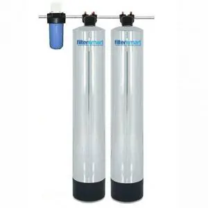 Best water softeners Filtersmart FS500 filtration system featuring dual metallic tanks and blue pre-filter unit.