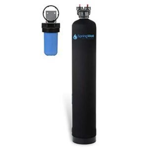 Best water softeners Springwell Futuresoft filtration system featuring sleek black tank and blue pre-filter unit.