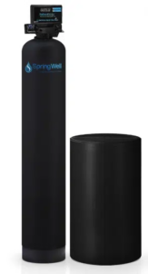 Best water softeners SpringWell SS filtration system with sleek black design and dual-cylinder setup.