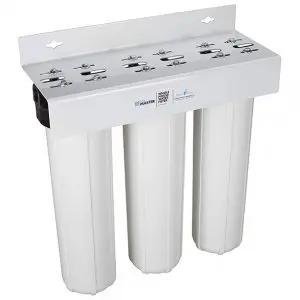 Best Well Water Filter Home Master Hmf3sdgfec three-stage system with replaceable cartridges on sturdy bracket.