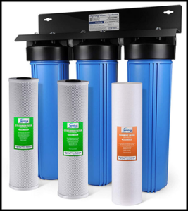 Best well water filter iSpring WGBB32B system with three blue filter housings and interchangeable cartridges.