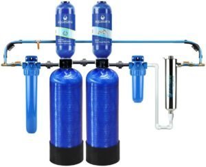 Best whole house water filters Aquasana dual-stage system with blue tanks and UV purification.