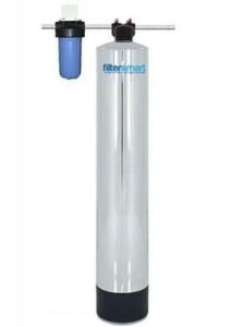 Best whole house water filters Filtersmart FS1000 system featuring sleek silver tank and blue filter component.