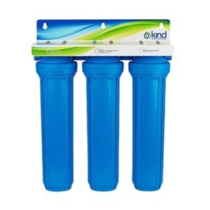 Best Whole House Water Filters Kind E 3000 three blue canisters with eco-friendly design by Okind.