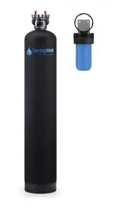 Chloramine removal filtration system showcasing SpringWell whole house setup with sleek black and blue design.