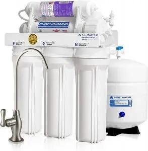 Chloramine Removal Reverse Osmosis System by APEC Water features white filter housings and a sleek faucet.