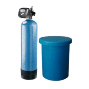 Clack Water Softener Simplex system featuring blue cylindrical tank and matching brine tank for efficient water treatment.