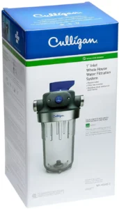Culligan Wh Hd200 C detailed product box for a whole house water filtration system with features.