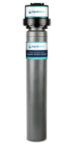 Cuzn UC 200 under-sink water filter showcasing sleek metal cylinder design with blue label and black cap.