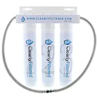 Cuzn Uc 200 under sink filter featuring Clearly Filtered 3-stage system with brand logo and website URL.