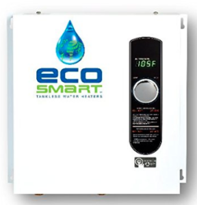 Ecosmart Eco 27 electric tankless water heater with digital temperature control, energy-efficient compact design.