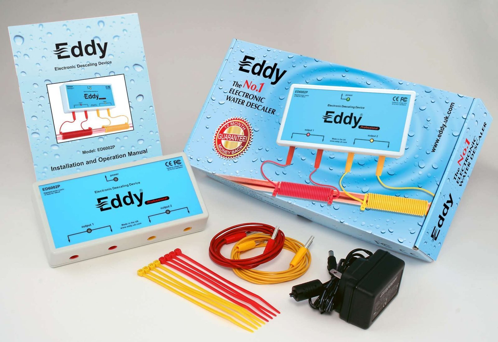 Eddy Electronic Water Descaler Kit with eco-friendly design, including device, wiring, and power adapter.