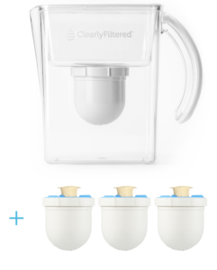 Fluoride water filter Clearly Filtered pitcher with extra replacement filters showcasing eco-friendly design and functionality.