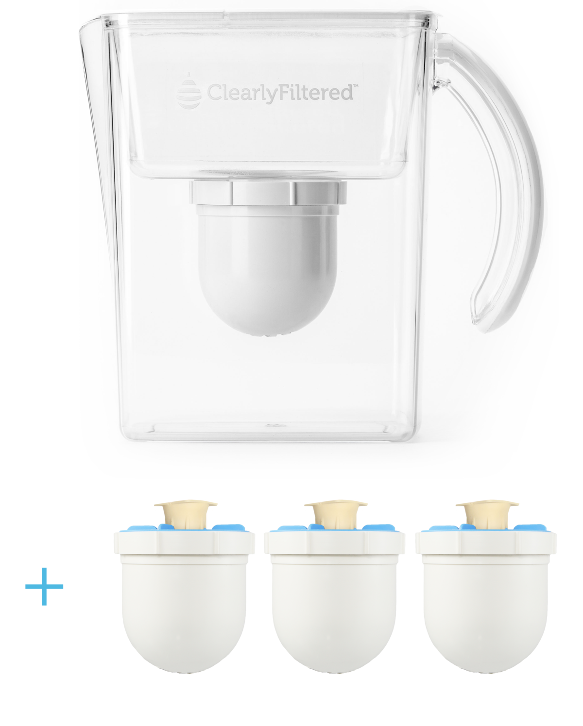 Fluoride water filter Clearly Filtered pitcher with extra replacement filters showcasing eco-friendly design and functionality.