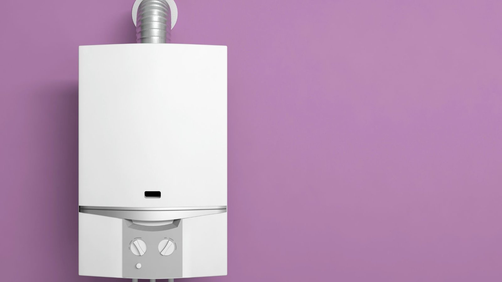 Gas vs electric tankless water heaters comparison featuring a sleek modern white boiler against a purple wall.