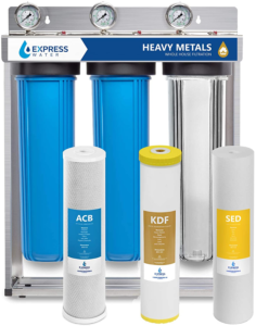 Iron Filter Express Water Heavy Metal filtration system with three filters for removing impurities.