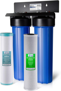 Iron Filter iSpring WGB22BM dual-stage water filtration system with sediment and carbon filter cartridges.