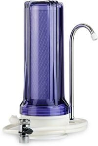 Ispring Water System CKC1C Countertop Filter with stainless steel faucet and purple cylindrical housing.