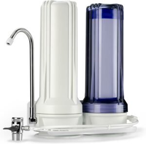 Ispring water system CKC2 dual-stage filtration with transparent blue housing and sleek metallic faucet.