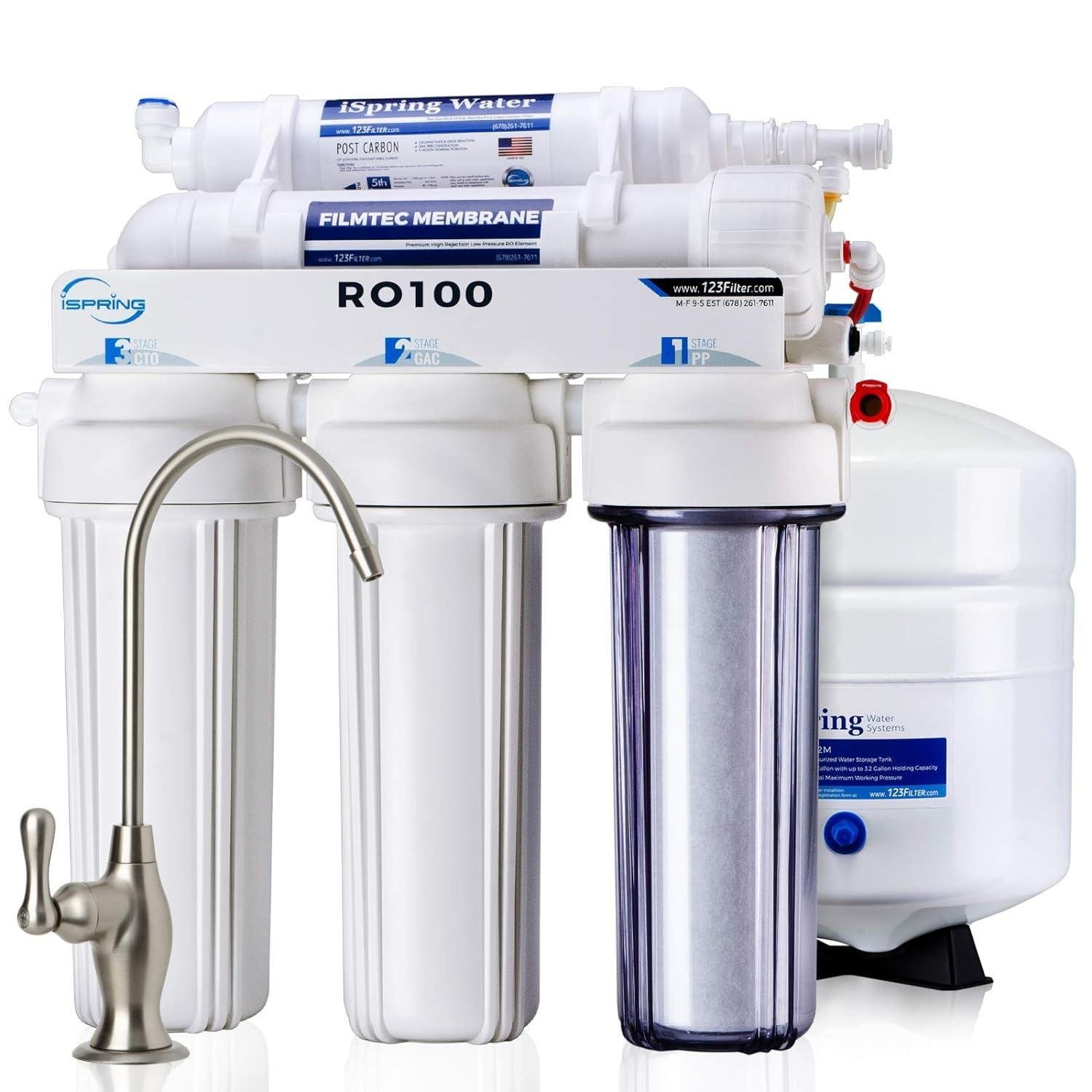 Ispring water system featuring the RO100 5-stage filtration with Filmtec membrane and pressurized storage tank.