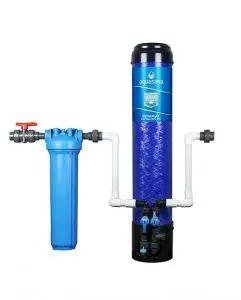 Ispring Water Systems Aquasana OptimH2O residential filtration unit with dual blue tanks and red valve.