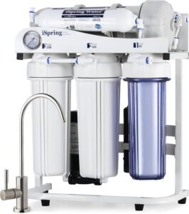 Ispring-water-systems-iSpring CT10 W under-sink filtration unit with multiple filters and pressure gauge.