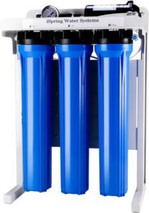 Ispring Water Systems Ispring RCB3P reverse osmosis system featuring triple blue filter cylinders and pressure gauge.