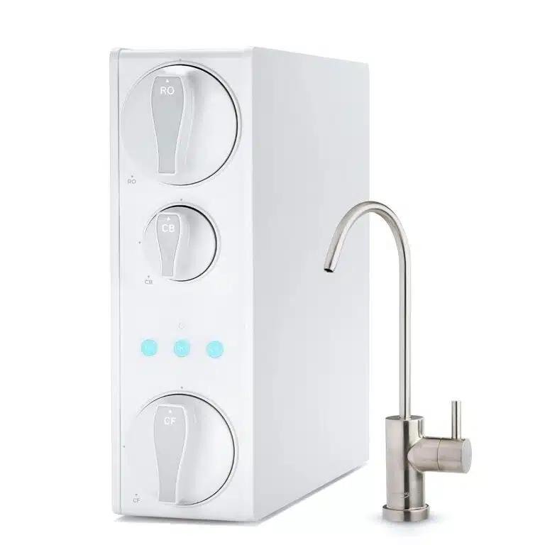 ISpring Water Systems RO 500 under-sink filtration unit with modern design and brushed metal faucet.