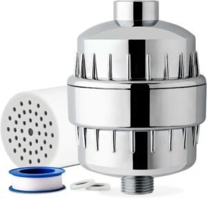 Ispring Water Systems SF2S chrome shower filter with internal cartridge and installation accessories.