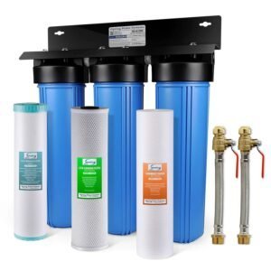 Ispring Water Systems WGB32BM whole house filter setup with cylindrical housings and diverse cartridges.