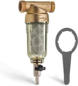 Ispring Water Systems WSP-50SL sediment filter featuring transparent housing and brass attachment bracket.