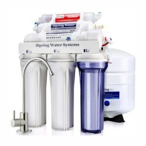 iSpring Water Systems RCC7 featuring modern faucet and multi-stage filtration unit with storage tank.