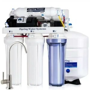 Ispring Water Systems RCC7P advanced water filtration system with multiple filters, sleek faucet, and storage tank.