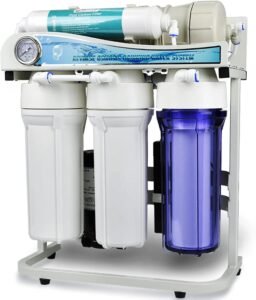 Ispring Water Systems Ro500 under-sink reverse osmosis filter with pressure gauge, transparent, and opaque filters.