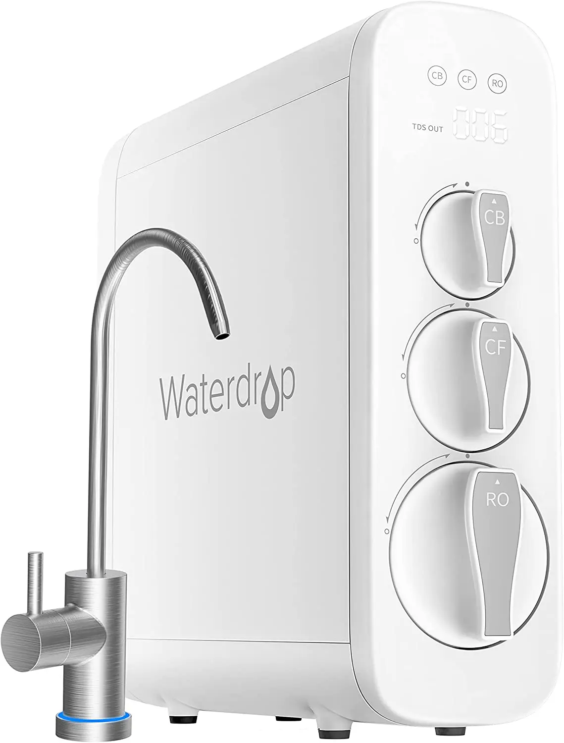 Ispring Water Systems Waterdrop modern filtration system with sleek design, featuring three-stage filtration dials.