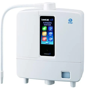 Kangen Water Machine showcasing LeveLuk K8 model with digital interface, touch screen, white finish.