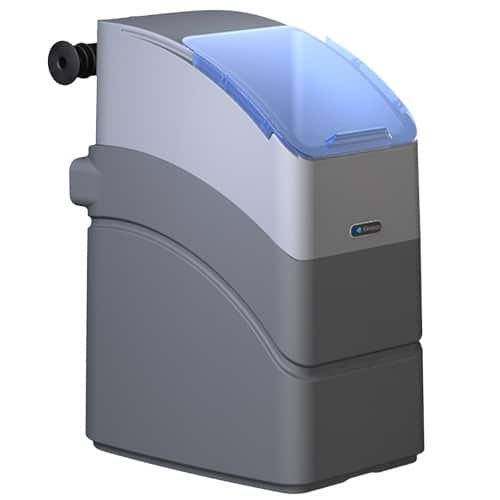 Kinetico Water Softener Essential Series compact design with sleek grey body and blue translucent lid.