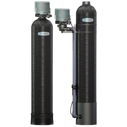 Kinetico Water Softener Powerline Series featuring dual filtration tanks with control components and plumbing connections.