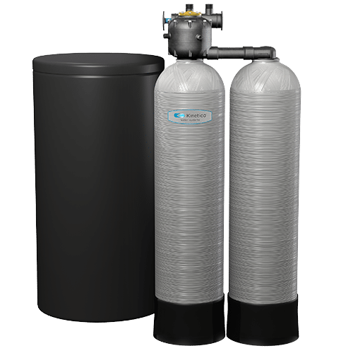 Kinetico Water Softener Signature Series featuring sleek black brine tank and dual gray filtration cylinders.