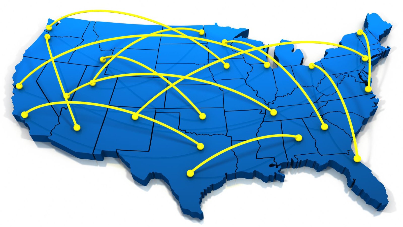 Map Network USA showcases a vibrant blue map with yellow lines illustrating nationwide connections and hubs.