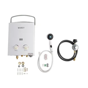 Marey tankless water heater system with showerhead, propane connection, and installation kit included for portable use.