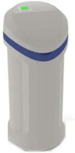 Morton Water Softener sleek cylindrical design, model 8706, with blue accent band and green indicator.