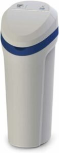 Morton water softener Morton M30 sleek cylindrical design with digital control panel and blue stripe.