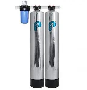 Morton Water Softener efficient Pelican PSE filtration system with sleek stainless steel tanks and blue filter.