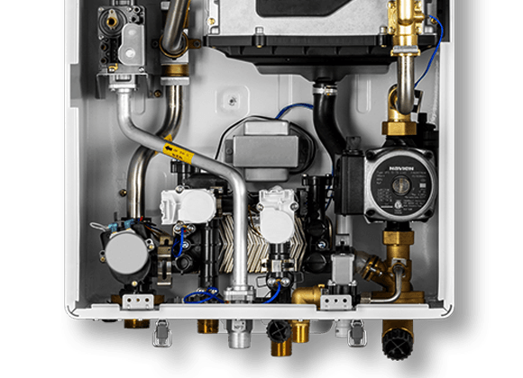 Navien Ncb 240 Ncb H boiler showcasing internal components, including heat exchanger, gas valve, and pump.