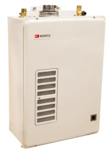 Noritz water heater EZTR 40 review featuring compact, tankless design with efficient venting and connections.
