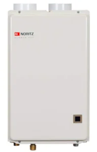 Noritz water heater NRC661DV, compact design with top vent pipes and brass fittings for efficiency.